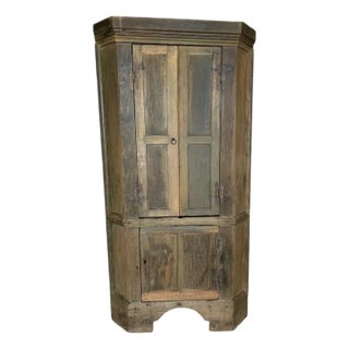 Petite 18th Century Southern Corner Cupboard in Original Green Paint For Sale