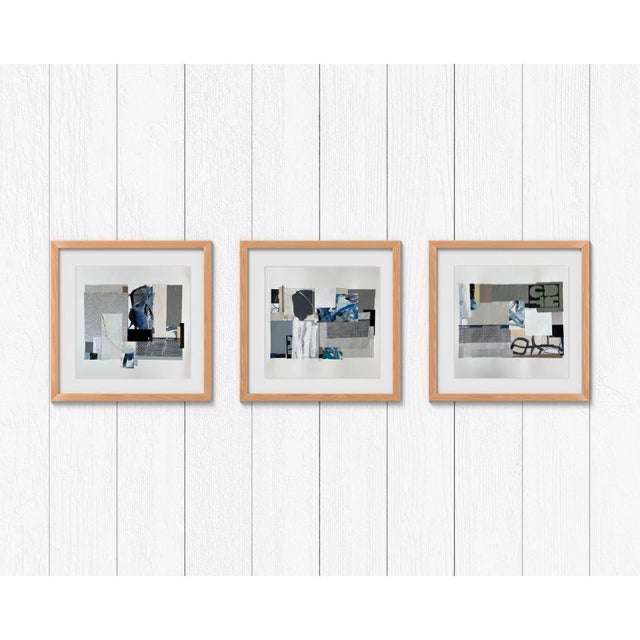Set of 3 Modern Abstract Paper Collages — Blue, Grey & Silver Mixed Media With Stitching For Sale - Image 4 of 7