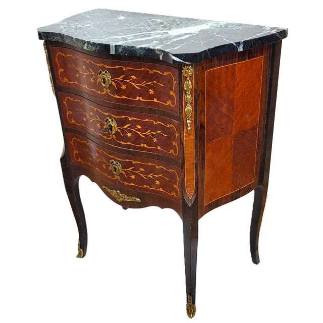 Brown Antique French Louis XV Style Bronze & Inlaid Verde Marble Top Nighstand Chest For Sale - Image 8 of 14