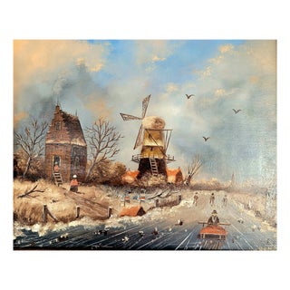 Dutch Artist, Winter Landscape with Windmill and Skaters, Oil on Board, 1950s For Sale