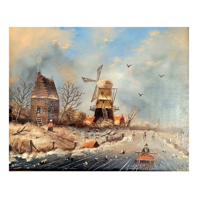 Dutch Artist, Winter Landscape with Windmill and Skaters, Oil on Board, 1950s For Sale