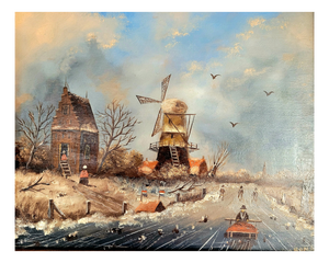 Dutch Artist, Winter Landscape with Windmill and Skaters, Oil on Board, 1950s