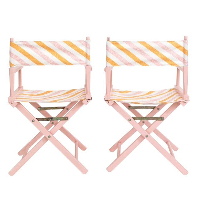 Set of Pink Director's Chairs With Palm Orleans Cabana Stripe Ribbon in Spritz Fabric For Sale - Image 4 of 6