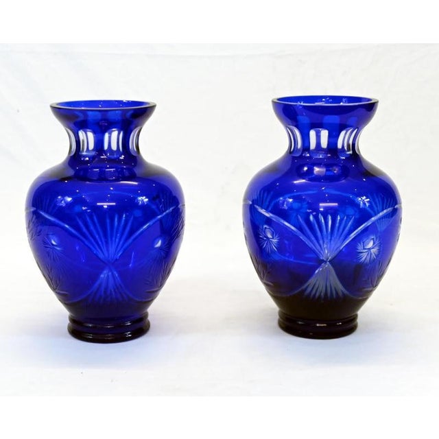 2000 - 2009 Art Deco Cobalt Blue Cut Glass Vases, Set of 2 For Sale - Image 5 of 5