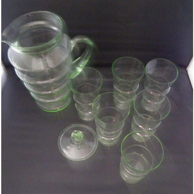 Antique Art Deco Dunbar Green Uranium Glass Pitcher 6 Tumblers Large 8pc Set For Sale - Image 10 of 18
