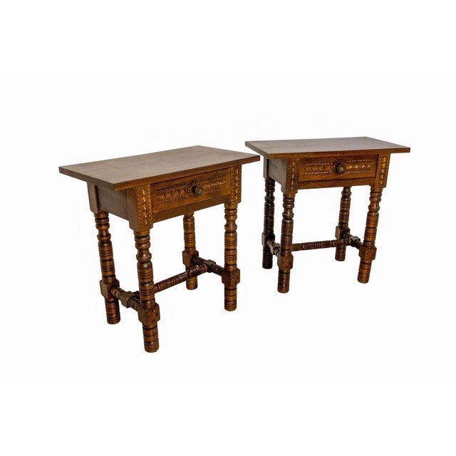 Mid-Century Spanish Style Bedside Tables in Oak, France, 1960s, Set of 2 For Sale - Image 4 of 13