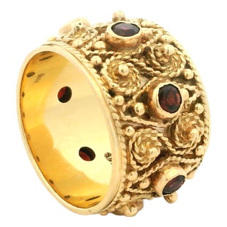 Vintage 1970s Etruscan Revival 14k Gold Ruby Wide Band Ring, Size 7.5 For Sale