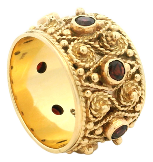 Vintage 1970s Etruscan Revival 14k Gold Ruby Wide Band Ring, Size 7.5