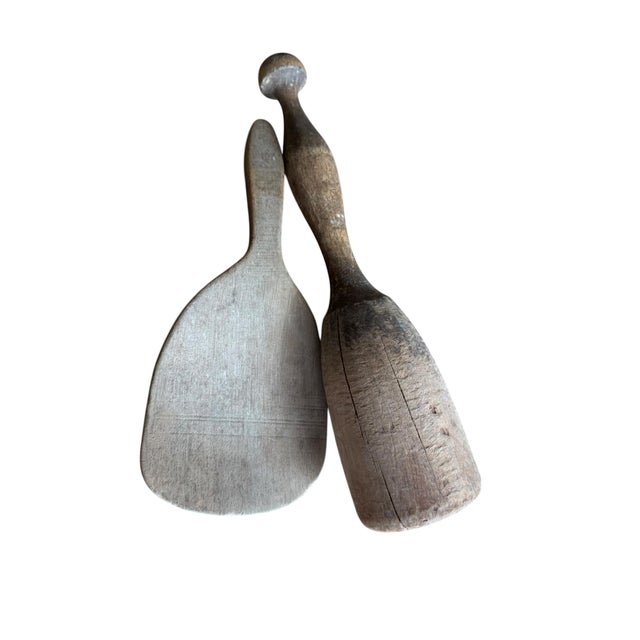 Rustic Pair of Early 20th Century Primitive Wooden Kitchen Utensils Paddle Pestle For Sale - Image 3 of 13