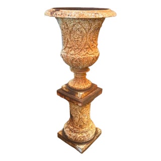 Antique English Cast Iron Garden Urn on Pedestal For Sale