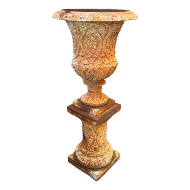 Antique English Cast Iron Garden Urn on Pedestal For Sale