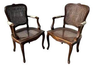1960s Pair Double Cane Louis XV Style Arm Chairs Bergere Chairs