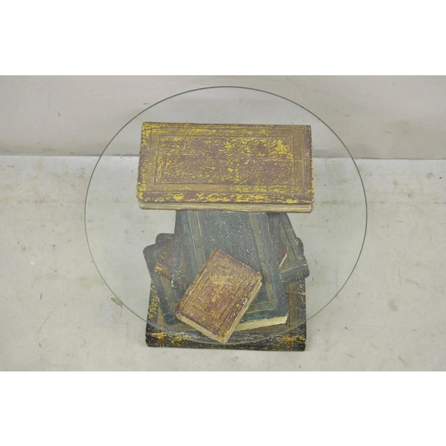 Vintage Regency Style Figural Faux Stacked Book Form Round Glass Top Side Table For Sale - Image 4 of 11