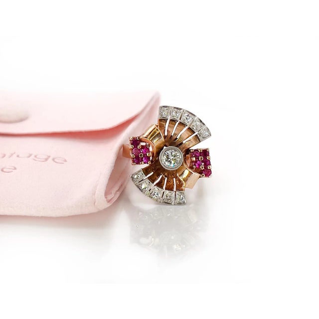 Abstract 1940s Retro 14k Rose Gold Diamond and Ruby Ring, Size 8.25 For Sale - Image 3 of 8