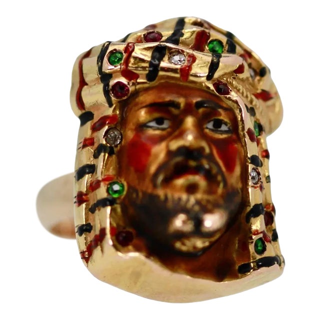 1960s Enamel Ring With Face of Moor, Arabian or Egyptian Man 14k Size 6.5 For Sale