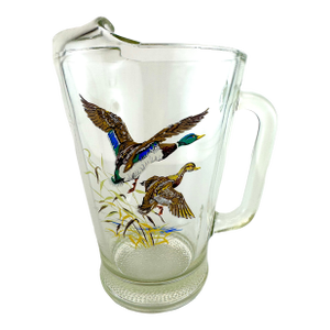 Vintage Mid Century Mallard Duck Glass Pitcher With Hand-Painted Scene