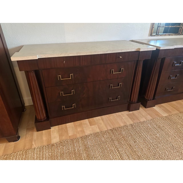 Baker Furniture Company Pair of Baker Furniture Neoclassical Mahogany Chests With Original Stone Tops & Brass-Tone Hardware For Sale - Image 4 of 14