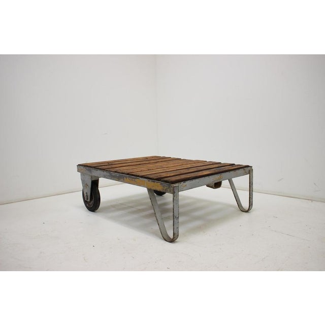 Industrial cart, 1950's, Czechoslovakia. Made of metal and wood. Cleaned as best as we could, shows signs of use (rusting,...