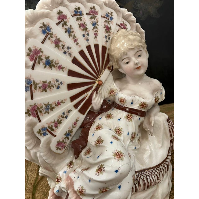Rococo Exquisite Antique KPM Berlin Porcelain Figurine Lady With Fan & Cherub R. Moller For Sale - Image 3 of 17
