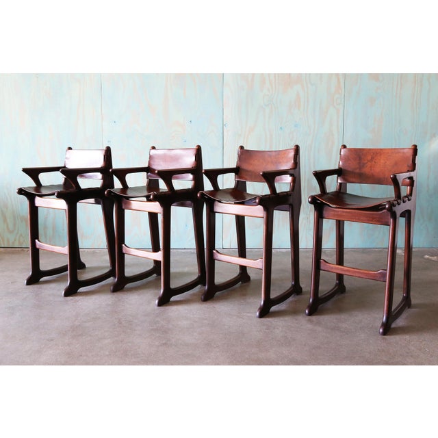 1960s 1960s Sergio Rodrigues Style Brazilian Barstools in Patinated Leather - Set of 4 For Sale - Image 5 of 15