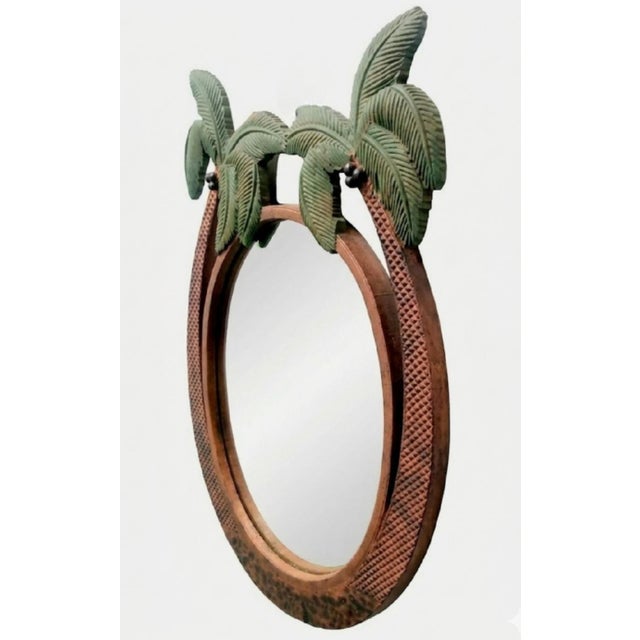 1980s Vintage Heavy Bronze Iron Green Tropical Double Palm Tree Regency Wall Mirror For Sale - Image 5 of 7