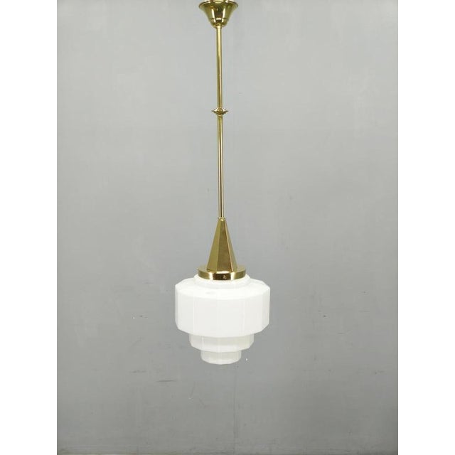Art Deco Brass Pendant with Geometric Opaline Glass, Former Czechoslovakia, 1930s For Sale - Image 3 of 16