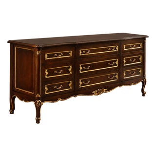 French Baroque Walnut Triple Dresser With Antique Gold Leaf Accents For Sale