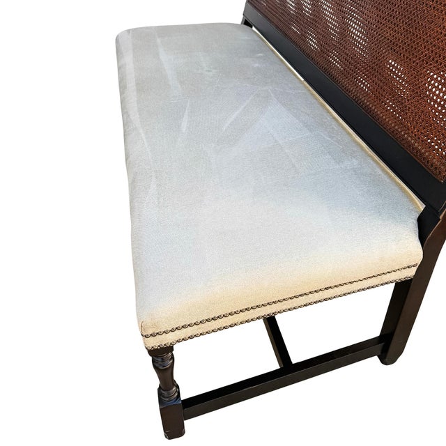 1980s French Provincial Style Ebonized & Caned High-Back Bench With Nailhead Trim For Sale - Image 17 of 18