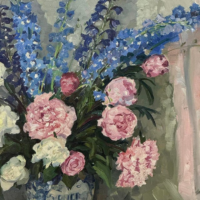 Antique Framed Oil Painting on Canvas by Lucien Hock (1899-1972), Floral Still Life in Delft Pot, Dated 1949 For Sale - Image 12 of 17