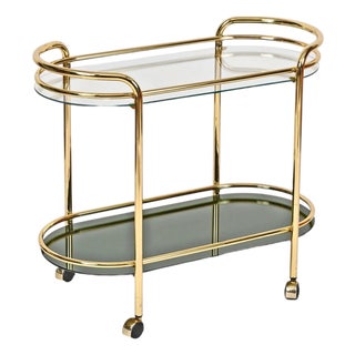 Mid-Century Italian Serving Bar Cart in Gilt Metal and Green Mirror Glass, 1970s For Sale