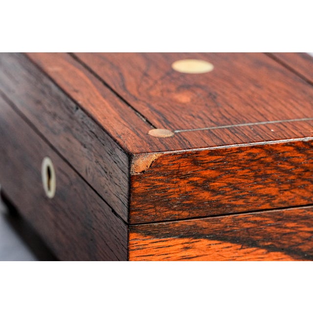 Charming Small Antique Victorian Wood Jewelry Box With Key Inset Mother of Pearl Home Decor For Sale - Image 10 of 13