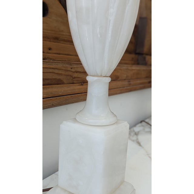 Fluted Neoclassical Alabaster Table Lamps | Elegant Vintage Marble Pair For Sale - Image 9 of 11