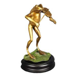 Mid 20th Century Brass Frog Musician Playing the Violin Sculpture