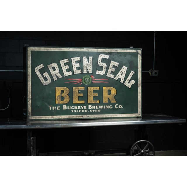 1910s Rare Pre-Prohibition Green Seal Beer Lighted Tin Sign For Sale - Image 5 of 9