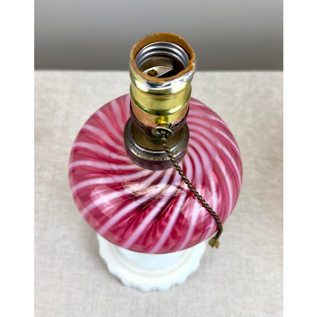 Metal Antique Fenton / L G Wright Style Cranberry & Milk Glass Converted Oil Lamp For Sale - Image 7 of 10