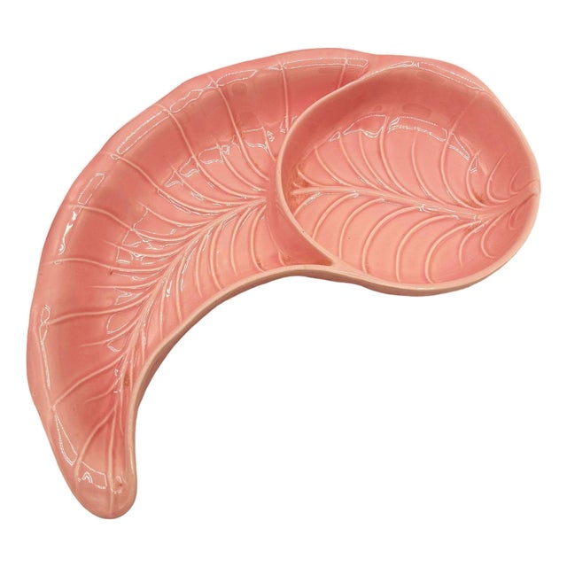 1950s Mid-Century Modern California Pottery Chips & Dip Tray Pink Banana Leaf by Valley Vista For Sale