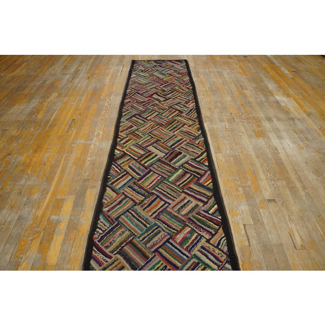 Red 1930s Multicolor Basket Weave Antique American Hooked Rug 2'4" X 17'3" Handknotted Wool Carpet For Sale - Image 8 of 11