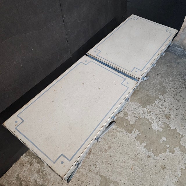 Mid 20th Century Pair of Blue Painted Single Drawer X Frame Side Tables With Blue Accent Line on Top For Sale - Image 14 of 15