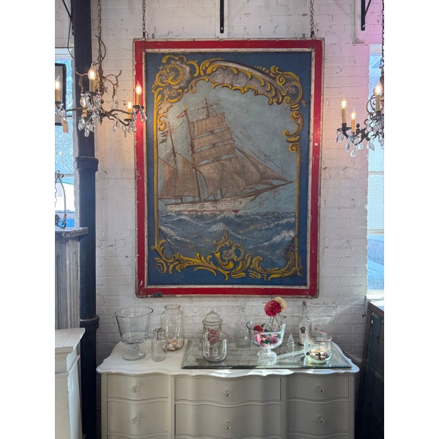 A spectacular and rare 1940s English fairground panel from the center of a merry-go-round, featuring a dramatic large-...