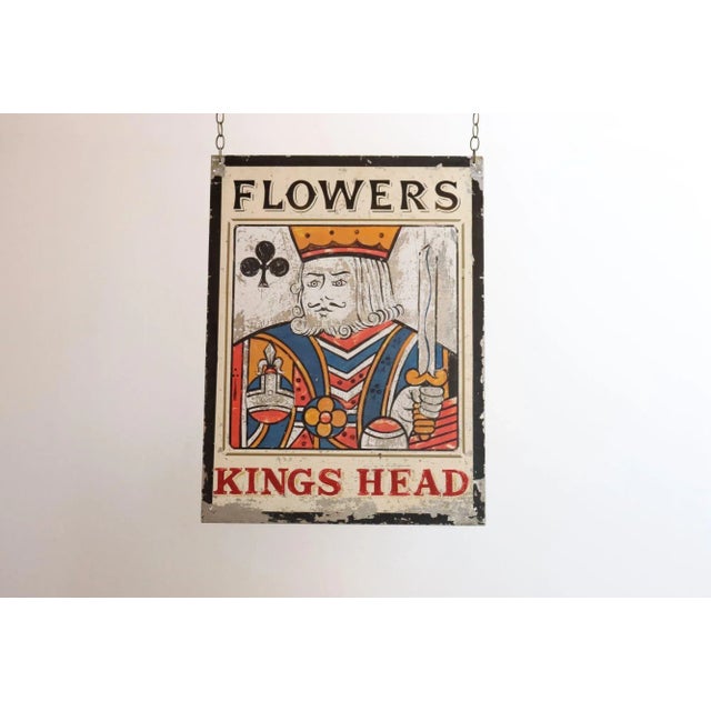 English two-sided handmade and painted metal pub sign depicting a king of clubs with the text "Flowers" above and "Kings...