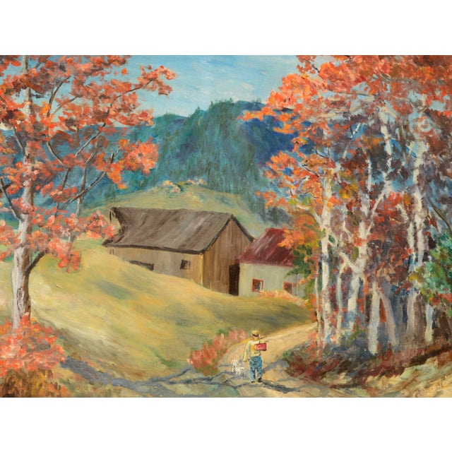 Quaint pastoral landscape of a figure and dog walking down a country lane amongst tall autumn trees with beautiful fall...