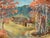 Quaint pastoral landscape of a figure and dog walking down a country lane amongst tall autumn trees with beautiful fall...
