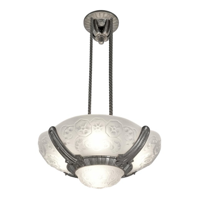 Petitot & Muller Freres French Art Deco Multi-Light Chandelier 1930s - Floral Glass For Sale