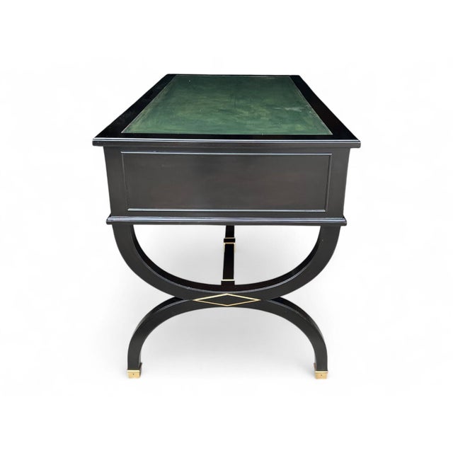 Vintage Hollywood Regency Style Ebonized Desk With Green Leather Top and Brass Details For Sale - Image 14 of 15