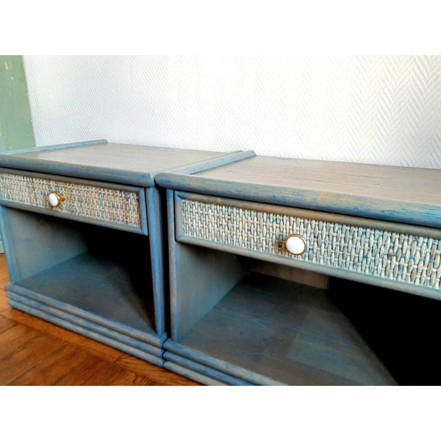 1980s Vintage Rattan Bedside Tables in the the style of Maugrion, 1980s, Set of 2 For Sale - Image 5 of 11