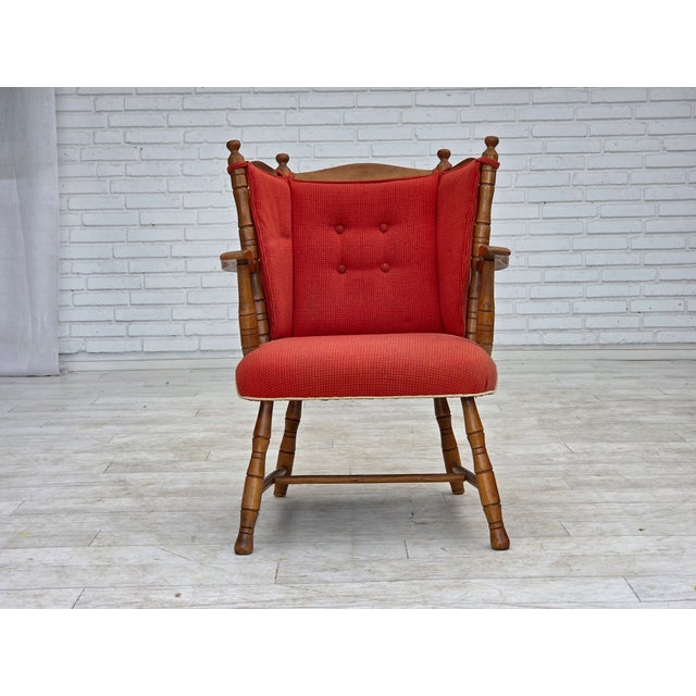 Scandinavian Armchair in Red Wool and Beech, 1960s For Sale - Image 3 of 18