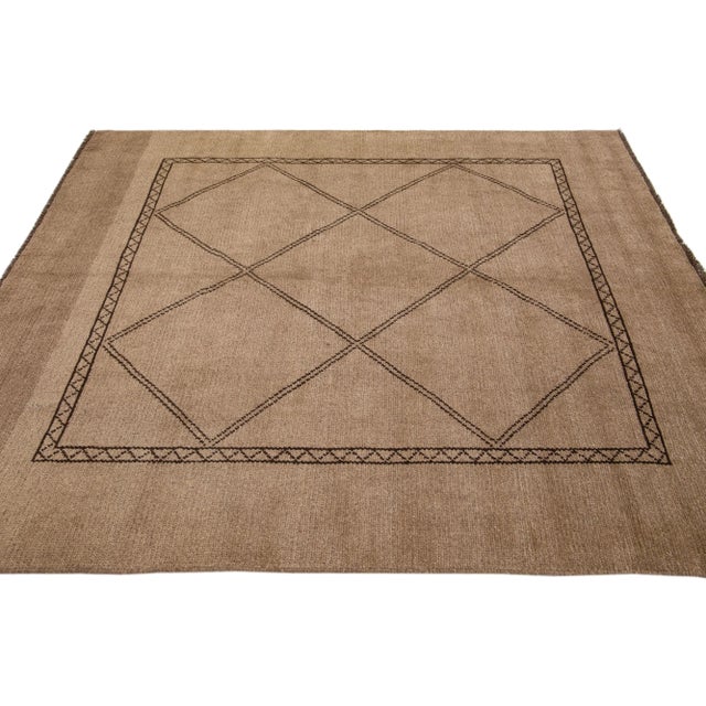 Early 21st Century Modern Moroccan Style Brown Handmade Geometric Square Wool Rug by Apadana For Sale - Image 5 of 8