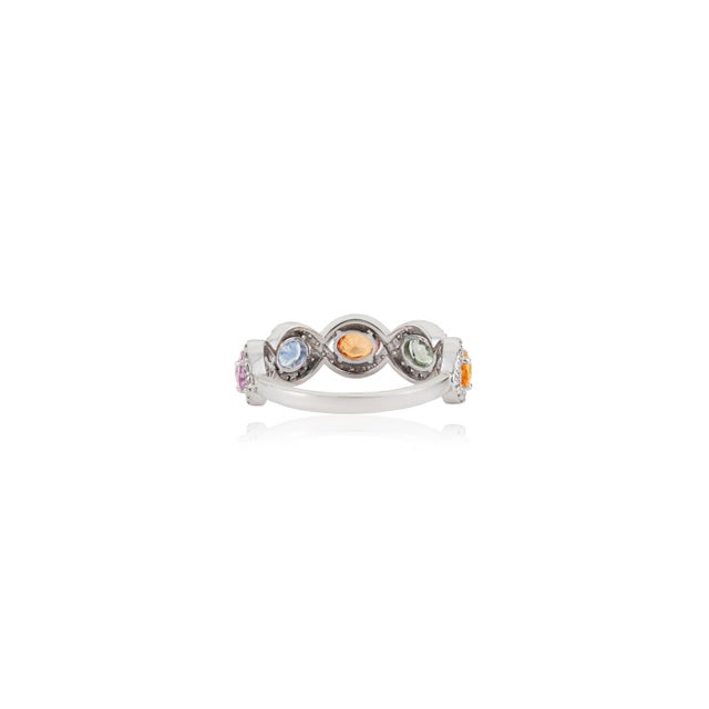 Royal Blue 1.62 Ct Multi Sapphire & Diamond Colorful Rainbow Wedding Band Size 6 in 14k Gold For Sale - Image 8 of 15