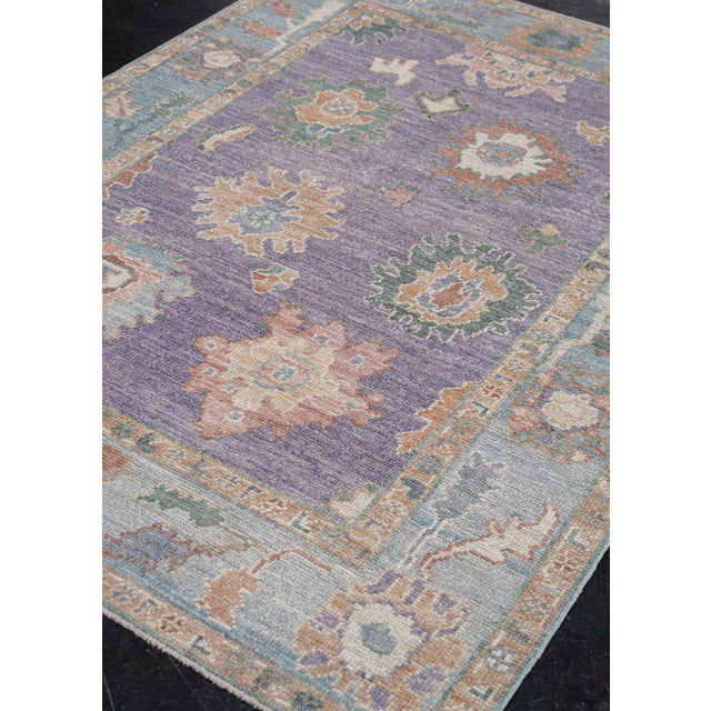 Modern Turkish Oushak Rug Purple & Blue Floral Handwoven Wool Rug 4'11" X 6'10" For Sale - Image 3 of 9