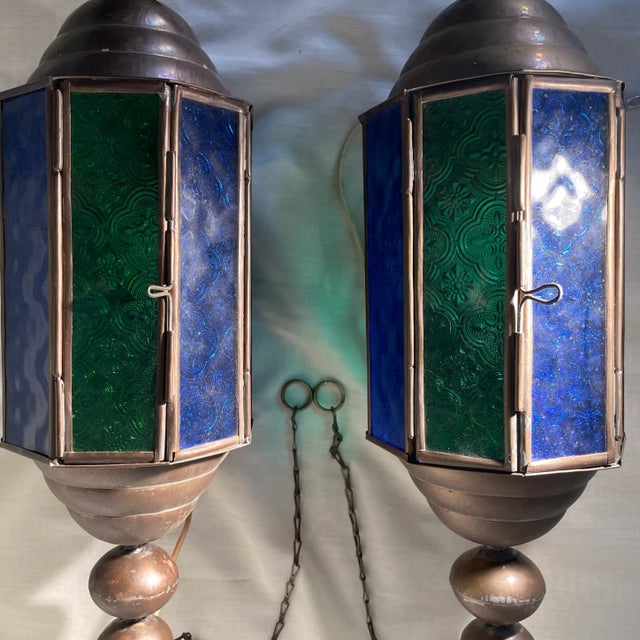 1940s Vintage Stained Glass and Brass Church Pendant Light Fixtures a Pair For Sale - Image 11 of 12